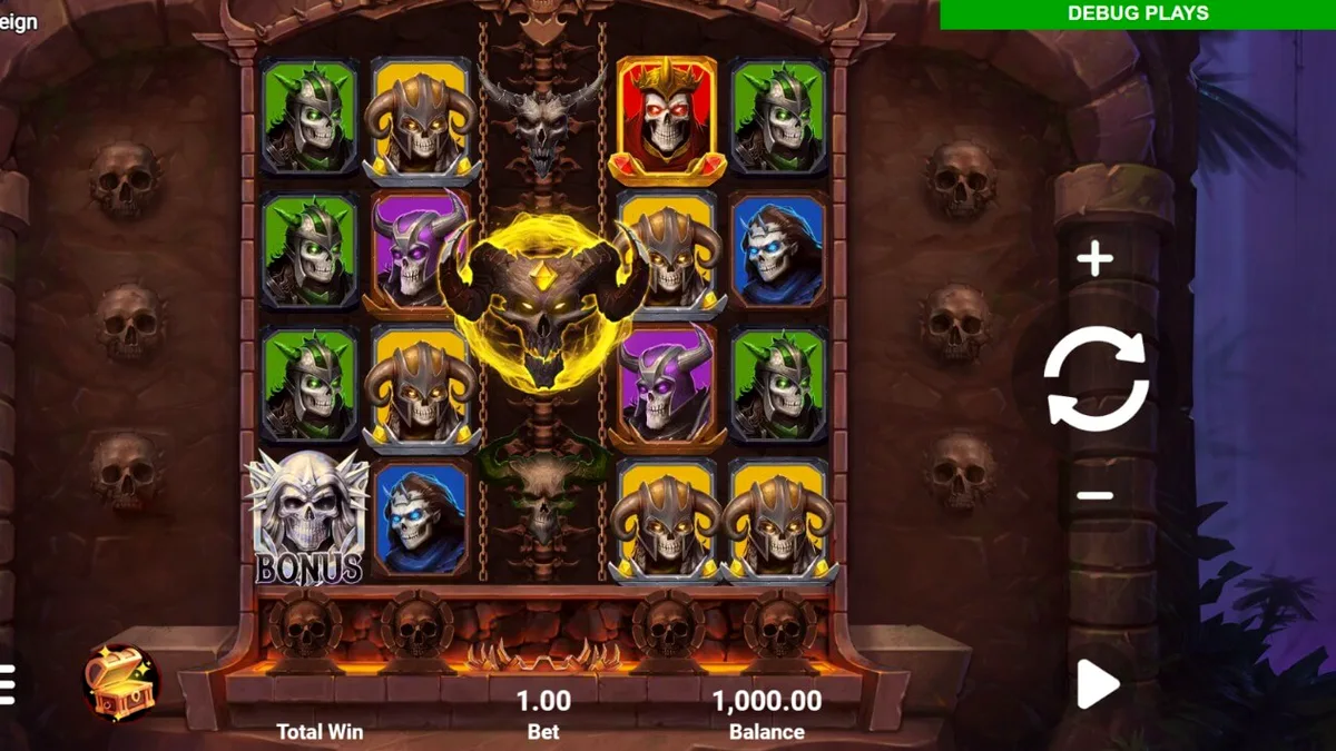 Visual gótico e infernal do slot Hellreign Scatter Magnet com símbolos de demônios e almas.