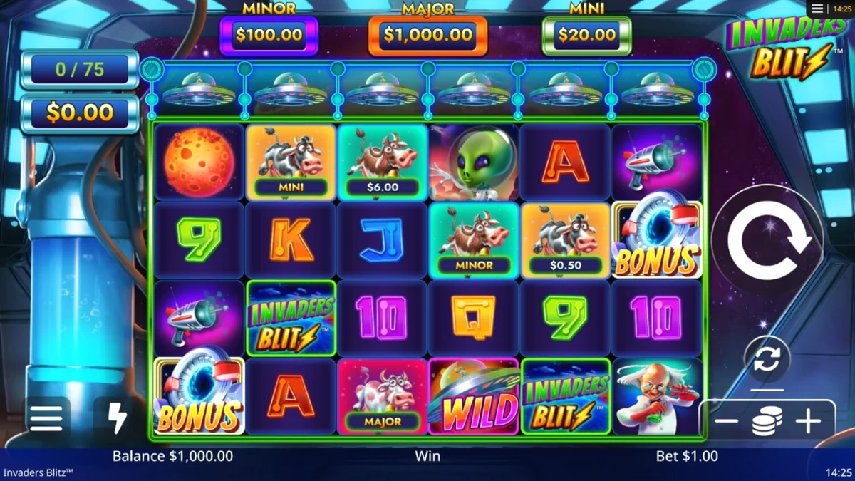 Interface do jogo de slot Invaders Blitz com tema de invasão alienígena