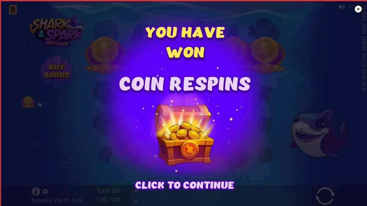 Interface colorida e subaquática do slot Shark & Spark Hold & Win