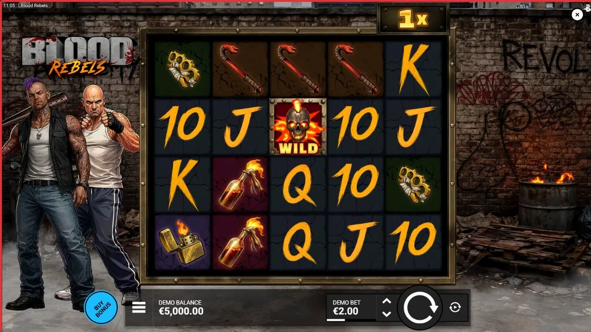 Cena de combate urbano no slot Blood Rebels com símbolos de armas e multiplicadores