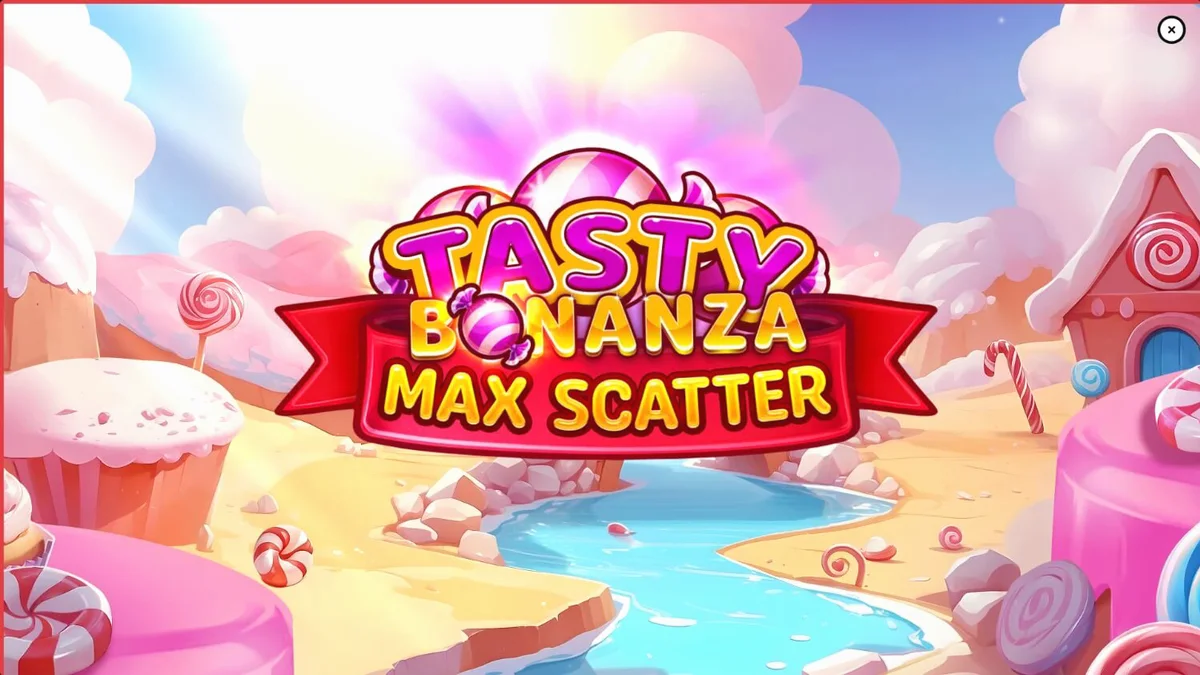 Interface colorida e vibrante do slot Tasty Bonanza Max Scatter com doces e guloseimas